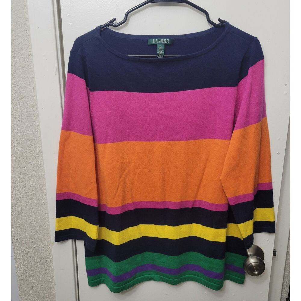 Lauren Ralph Lauren Sweater Womens XL Pullover Multicolor Boat Neck 3/4 Sleeve
